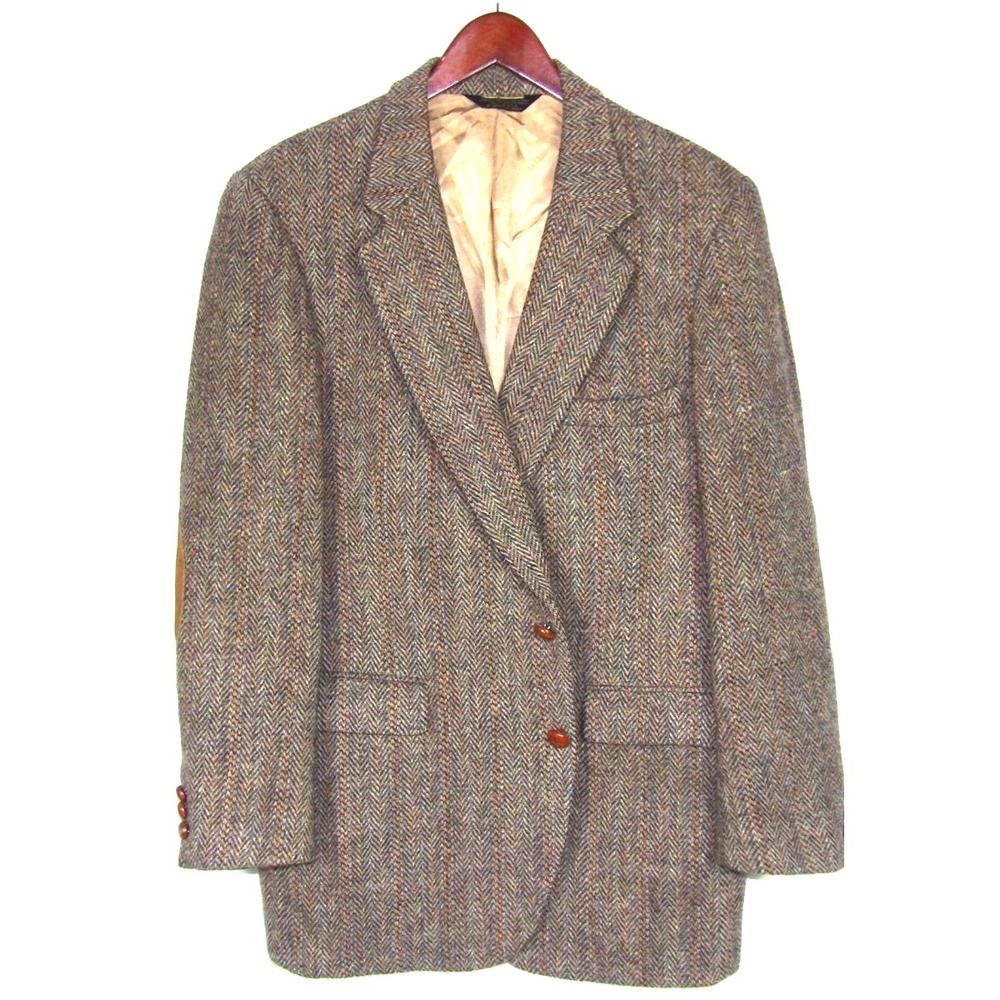 Stafford HARRIS TWEED Elbow Patches 2 Button Brown Herringbone Blazer Men's 40R